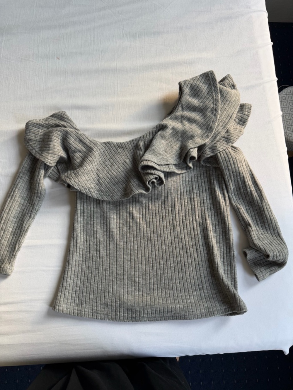 Ribbed Knit Off-Shoulder Ruffle Sweater
